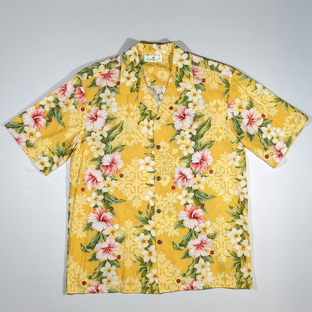 Vintage TY Made In Hawaii Hawaiian Shirt Men's Size Large Floral Yellow 70s
